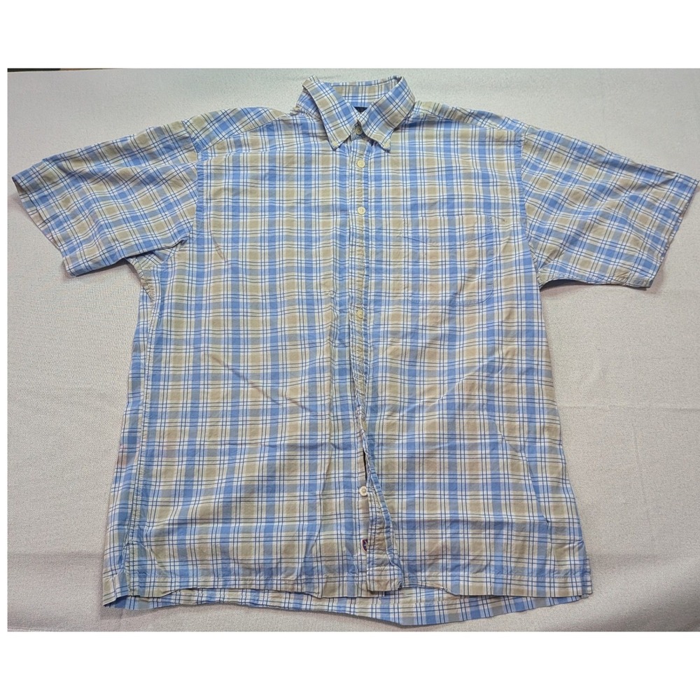 Henry Jacobson Button Down Shirt Mens Large Blue Plaid Short Sleeve Cotton